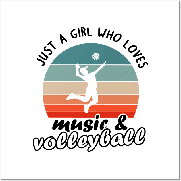 Una persona jugando al voleibol y una descripción en inglés que significa "solo una chica que ama la música y el voleibol"